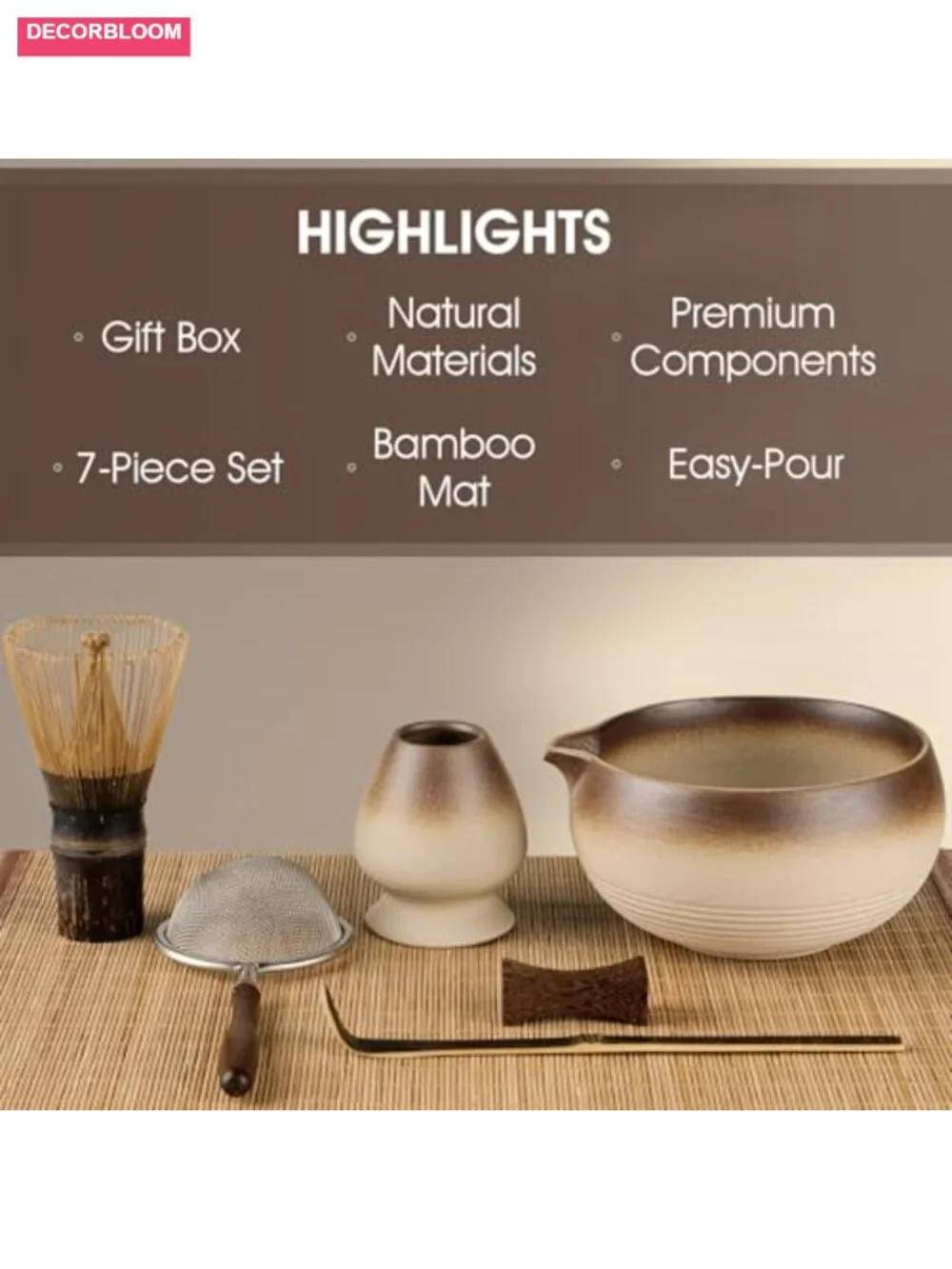 7-Piece Matcha Set with Bowl, 100-Prong Bamboo Whisk & Tea Mat